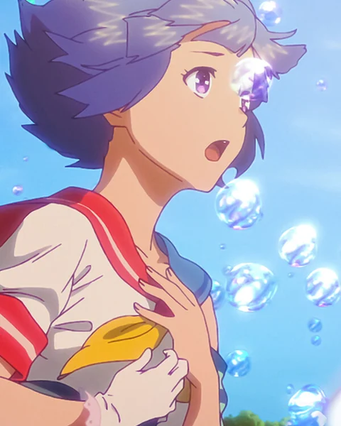 A purple-haired girl is surrounded by translucent bubbles against blue light.