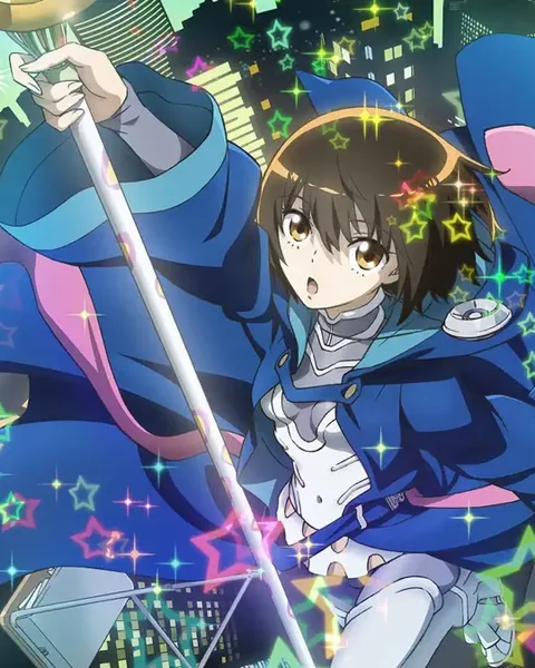 A brown-haired girl in a blue fantasy costume holds a staff amid star-shaped lights.