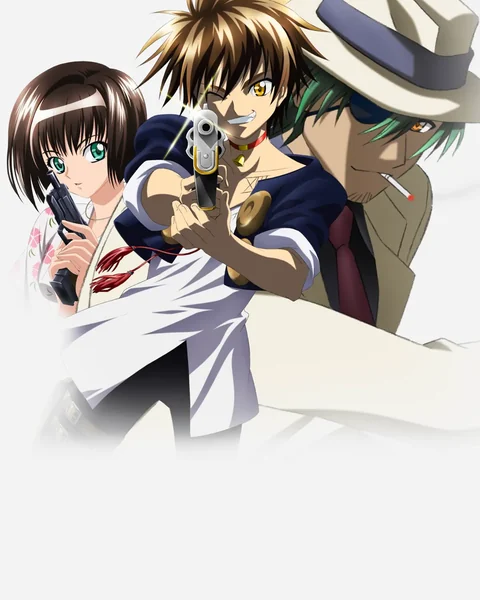 A spiky-haired young man aims a handgun between a dark-haired woman and a green-haired man in a hat.