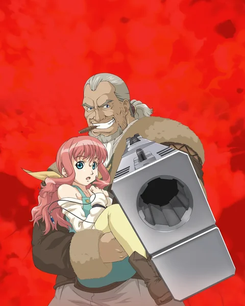 A grey-haired man holds a pink-haired girl and a large firearm against a red background.