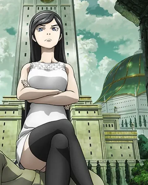 A long-haired young woman folds her arms before an ornate academy building beneath a cloudy sky.