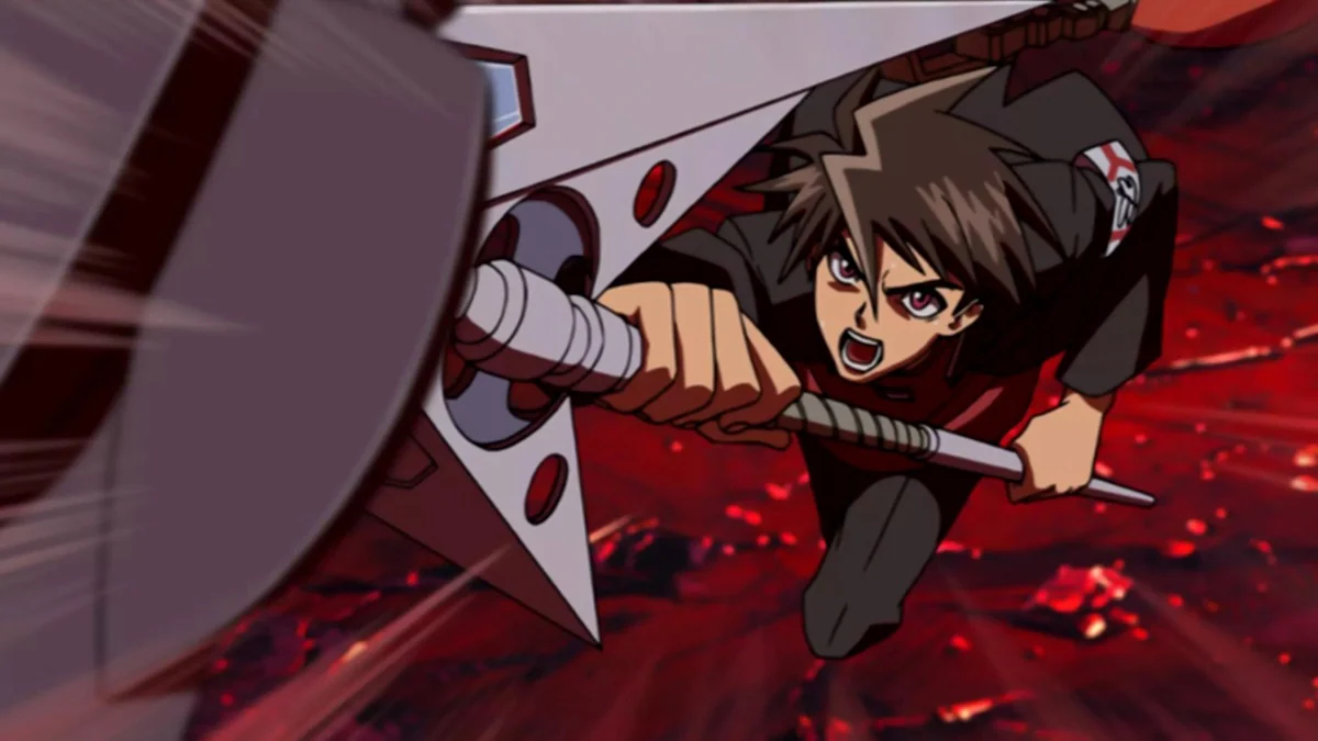 A brown-haired boy lunges forward with a large angular weapon, against a red-and-black background.