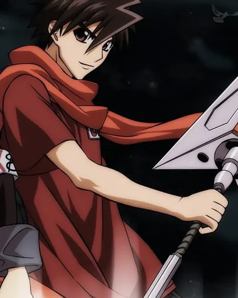 A brown-haired young man in a red scarf grips a large geometric weapon against a dark background.