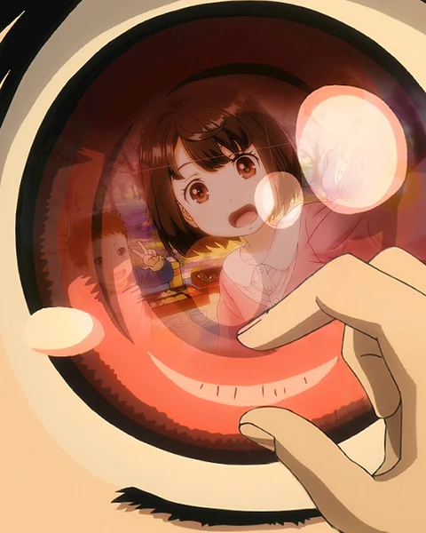 A girl and a smaller child are reflected inside the red iris of an enormous illustrated eye, with a hand reaching toward it.