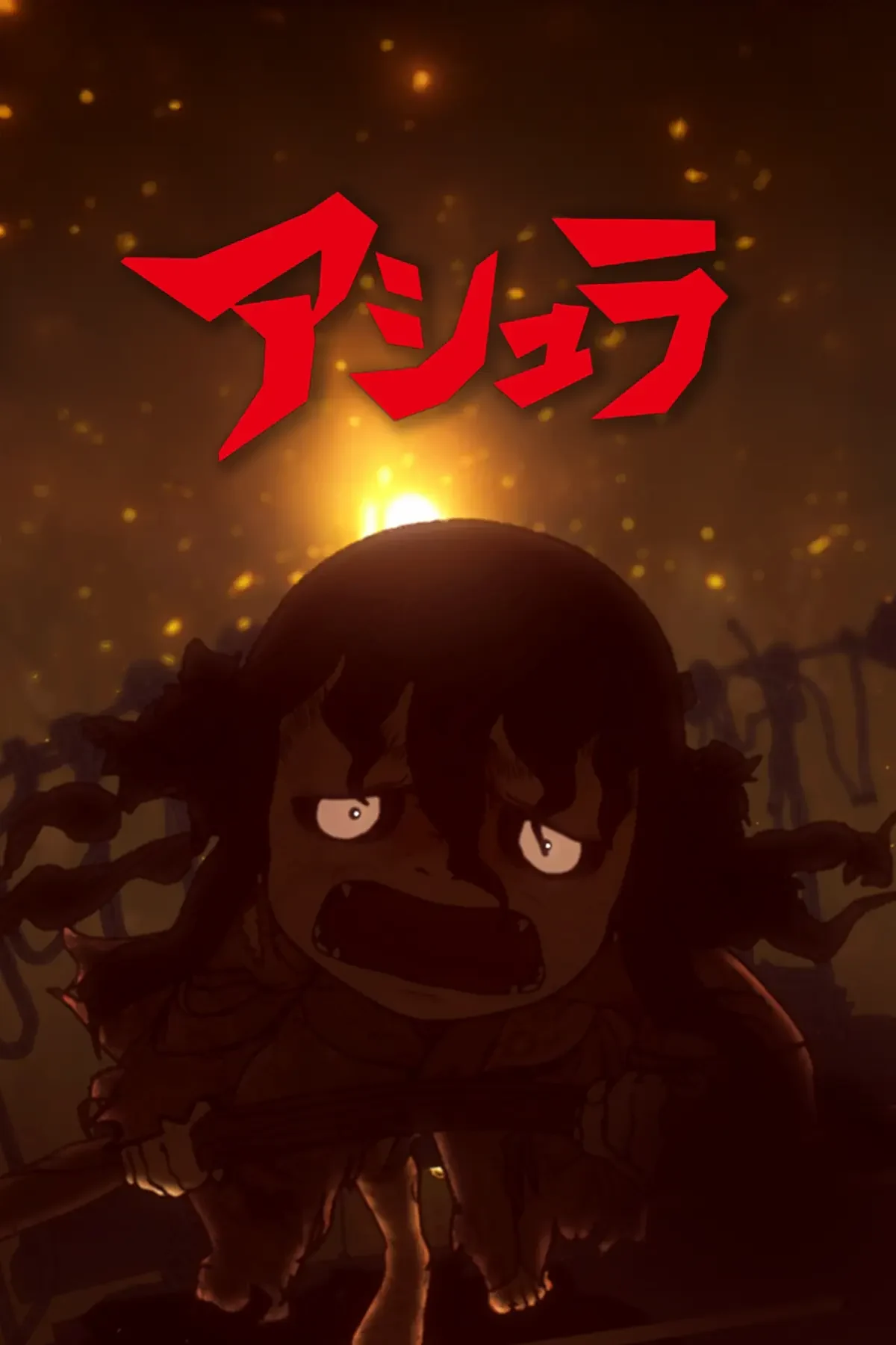 The red Asura title sits above a furious dark-haired child, with fire glowing behind him.