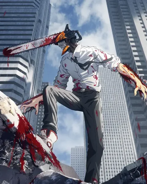 A chainsaw-headed figure stands among high-rise buildings with blood across his shirt and blades.