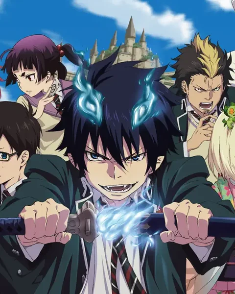 A dark-haired boy with blue flames holds a sword in front of classmates and exorcists.