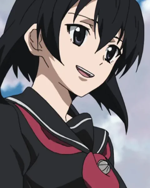 A black-haired young woman in a dark uniform and red tie smiles beneath a blue sky.