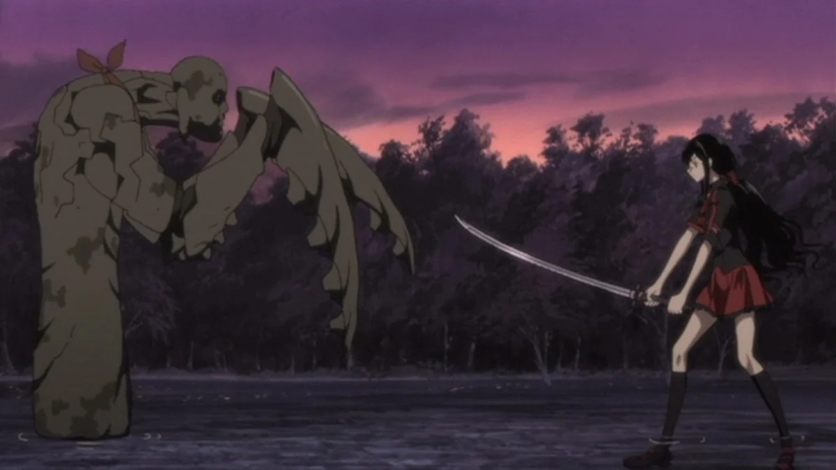 A school-uniformed girl holds a sword toward a huge stone-like creature at dusk.