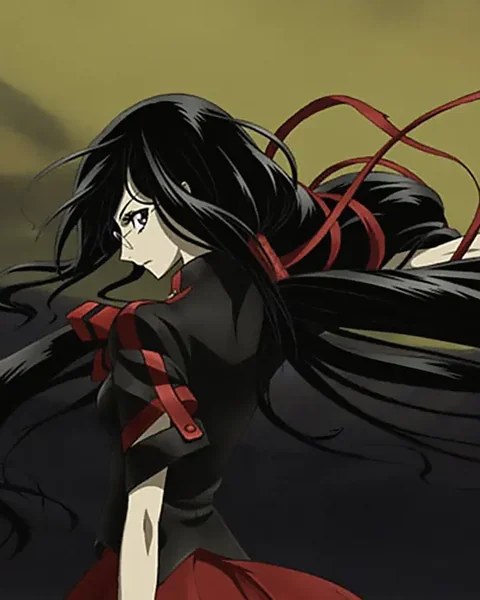 A long-haired girl in a black-and-red school uniform turns her face toward the viewer, with red ribbons trailing behind her.