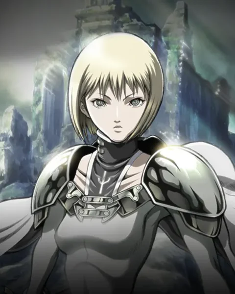 A silver-eyed blonde warrior stands in pale armour and a flowing cloak before dark stone structures.