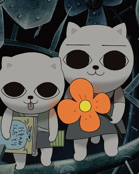 Two pale cat figures stand with an orange flower against a dark field of mechanical gears.