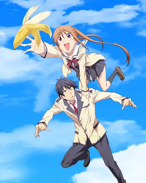 A long-haired schoolgirl reaches toward a banana above a dark-haired boy against a blue sky.