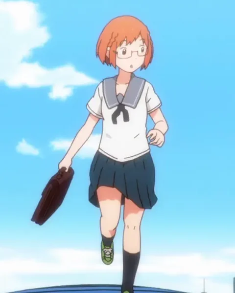 A bespectacled schoolgirl runs with a brown bag under a bright blue sky.