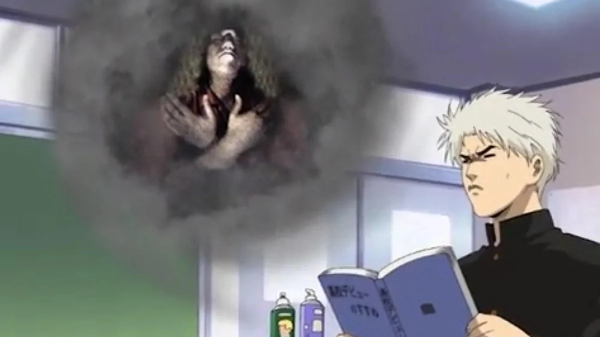 A white-haired student reads in a classroom beneath a smoky image of a dark-haired figure.