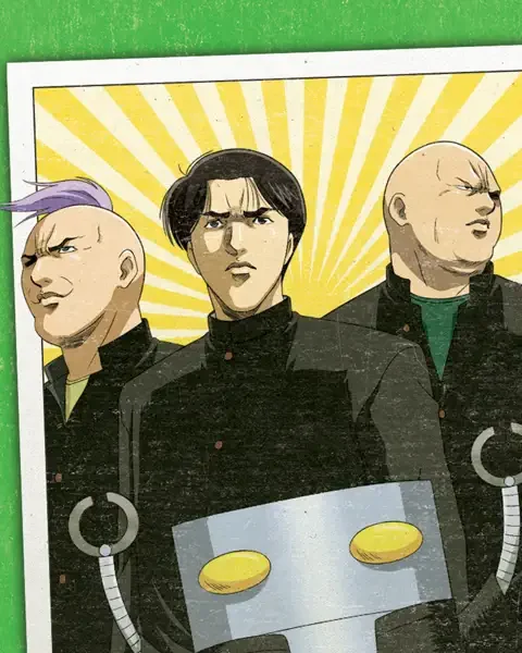 Dark-uniformed students and a cylindrical, yellow-eyed robot fill a tilted group photograph against green.