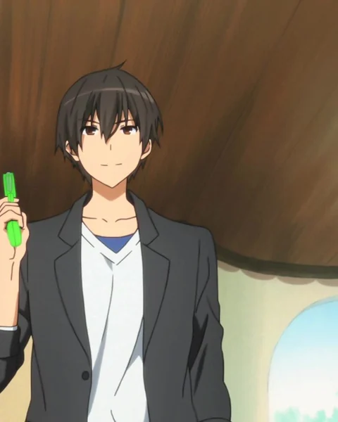 A black-haired boy holds a small green object while standing inside a wooden-roofed building.