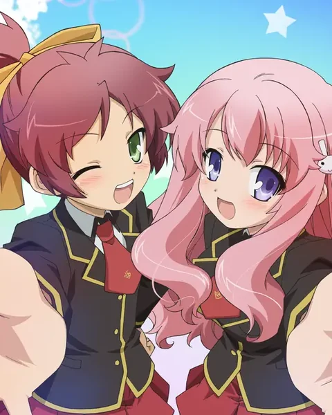 Two students, one with tied red hair and one with long pink hair, smile and reach forward.