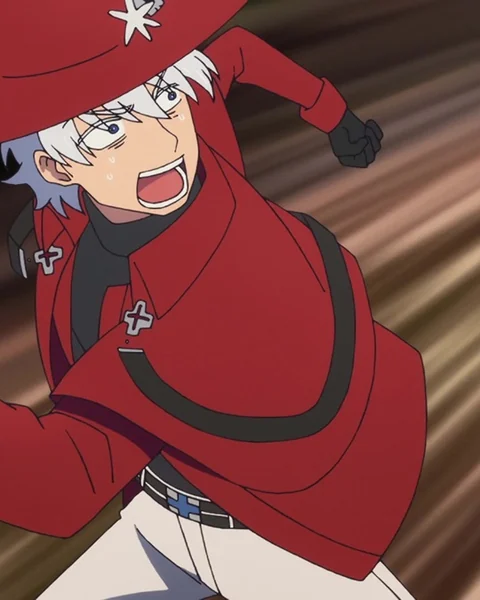 A silver-haired hunter in a red hat and coat lunges forward with his mouth open.