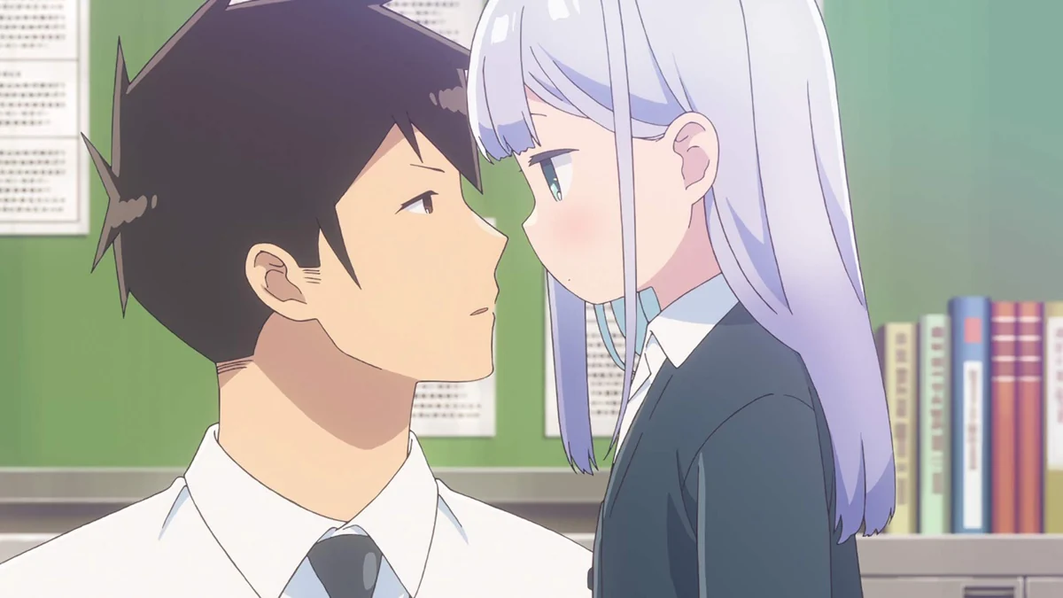 A dark-haired boy and a silver-haired girl in school uniforms look at each other from extremely close range.