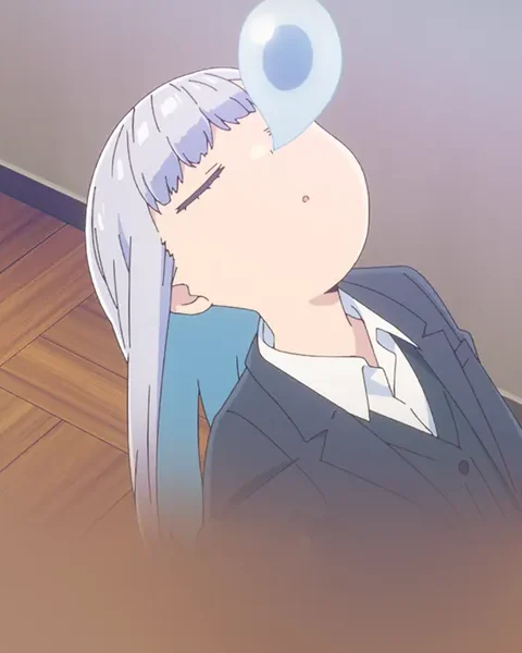 A silver-haired student leans back asleep in a classroom, with a pale blue bubble above her face.