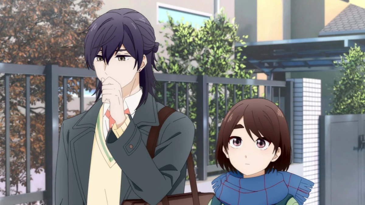 Hananoi holds a hand near his mouth while Hotaru looks up at him beside a fence.