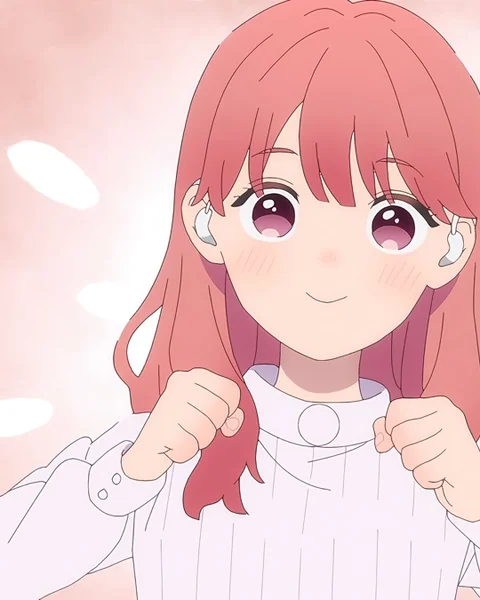 Pink-haired Yuki smiles with both hands raised near the collar of her white top.