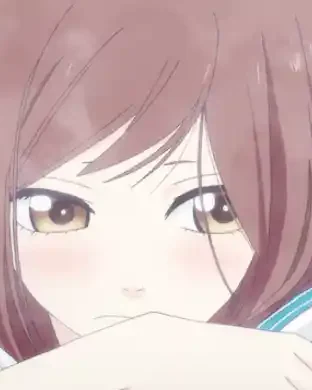 Futaba rests her head near her folded arms against a bright blue background.