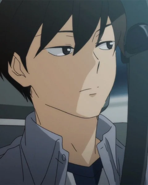 Takumi looks out from the back seat of a car in a pale collared shirt.