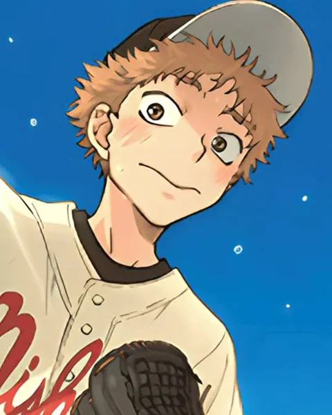 Mihashi wears a baseball cap and Nishiura uniform, with a glove in front of him.
