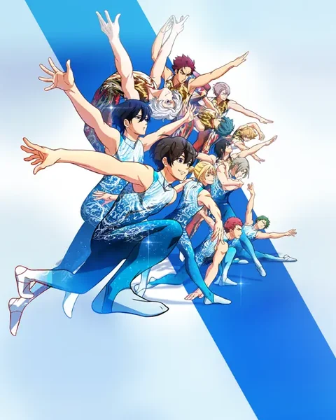 Rhythmic gymnasts in matching blue outfits overlap in a coordinated airborne formation.