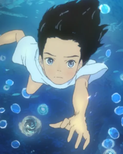 A dark-haired girl swims upward among bubbles and small sea creatures in blue water.