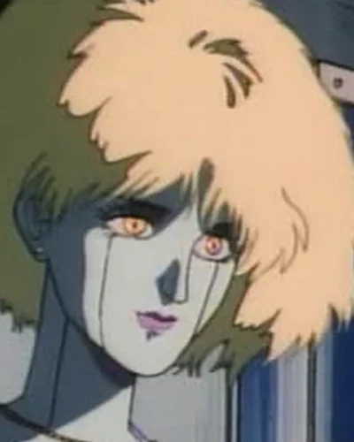 A pale artificial woman with short, light hair looks forward, geometric lines crossing her face.