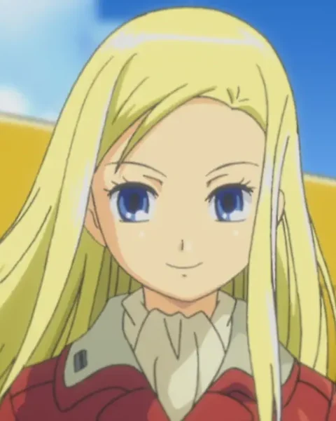 A blonde young pilot in red flight clothing stands in front of a yellow aircraft and blue sky.