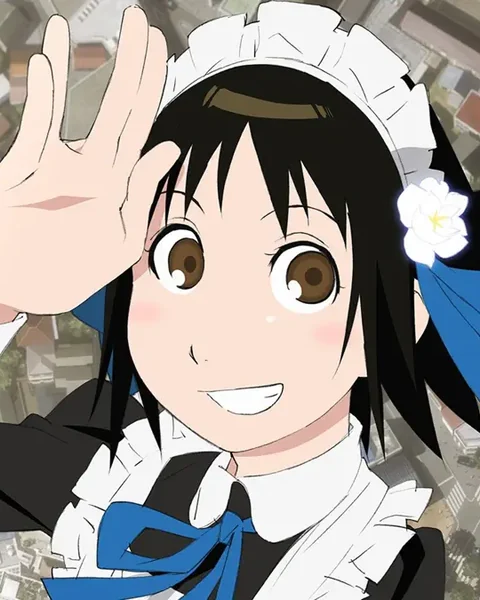 A smiling girl in a black-and-white maid outfit raises one hand above a view of the town.