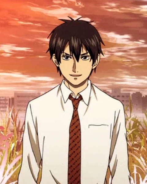 A young man in a white shirt and loosened tie stands among riverside plants at sunset.