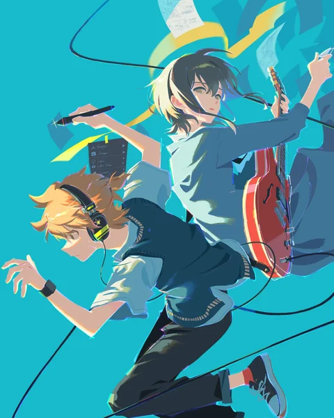 Two young people appear back to back with a guitar, headphones, a stylus and sheets of paper against turquoise.