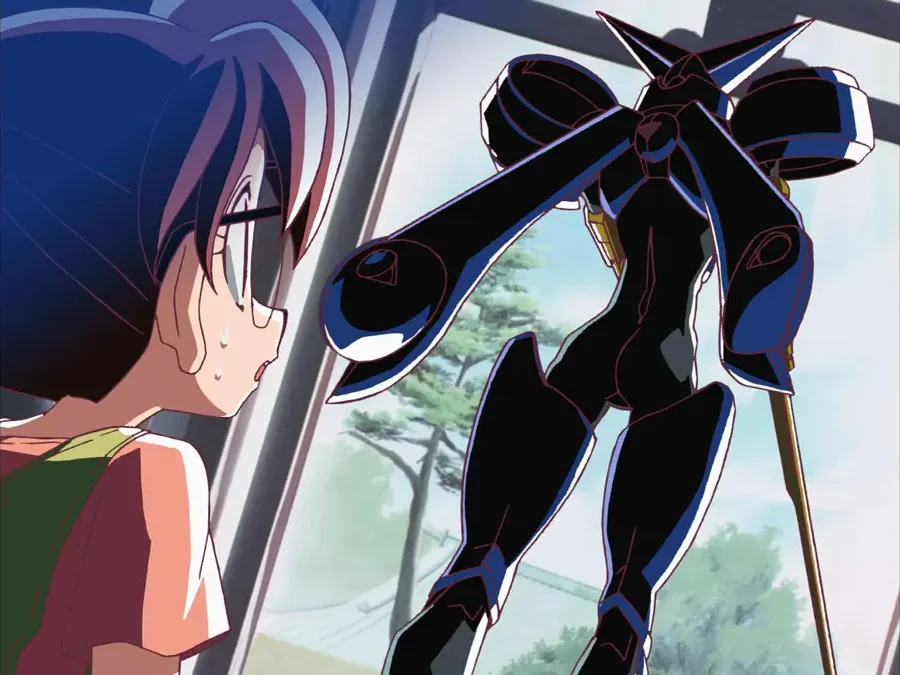Marin faces the tall armoured Melan beside a tree.