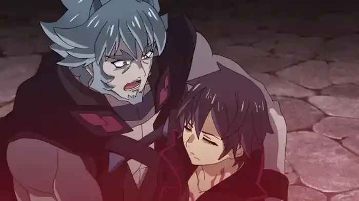 A grey-haired man supports a young purple-haired child on a stone street.