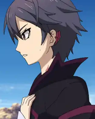 Hiiro looks to the left as a hand rests against his chest.