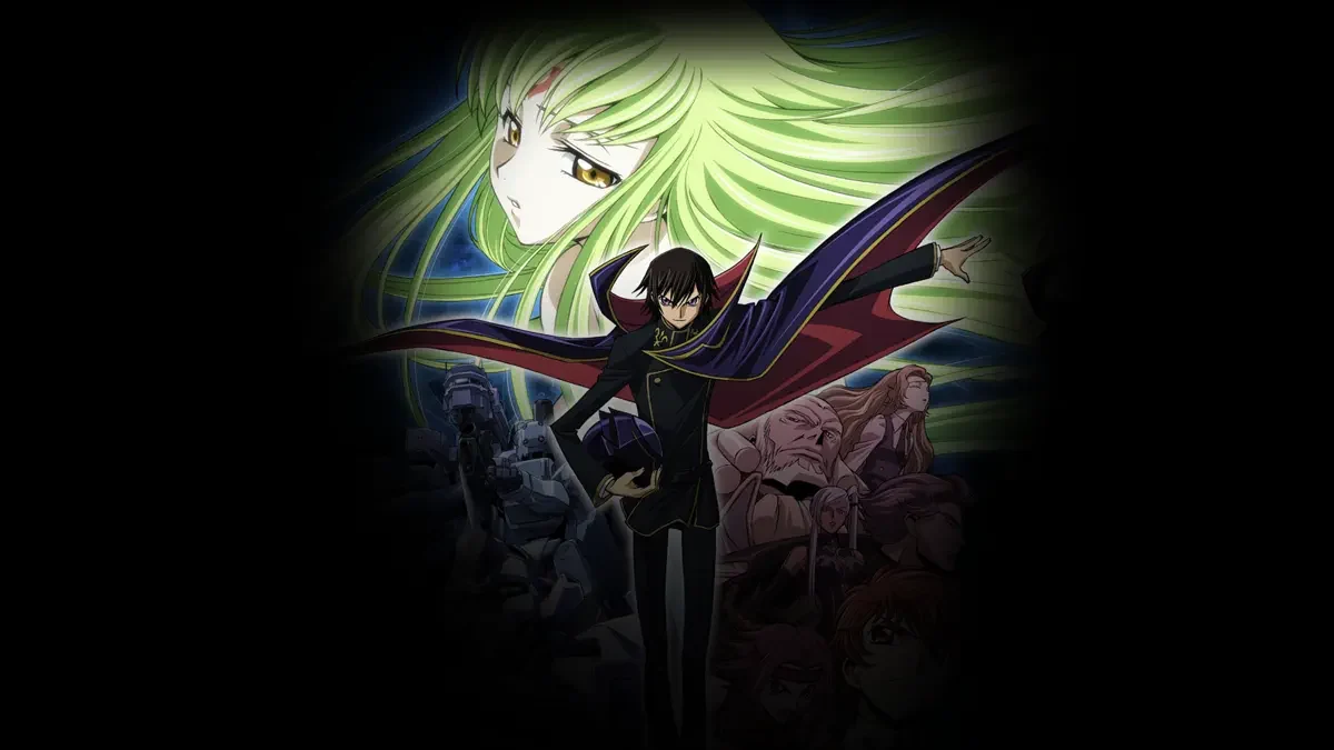 Lelouch and an ensemble appear beneath a large image of C.C.’s green hair.