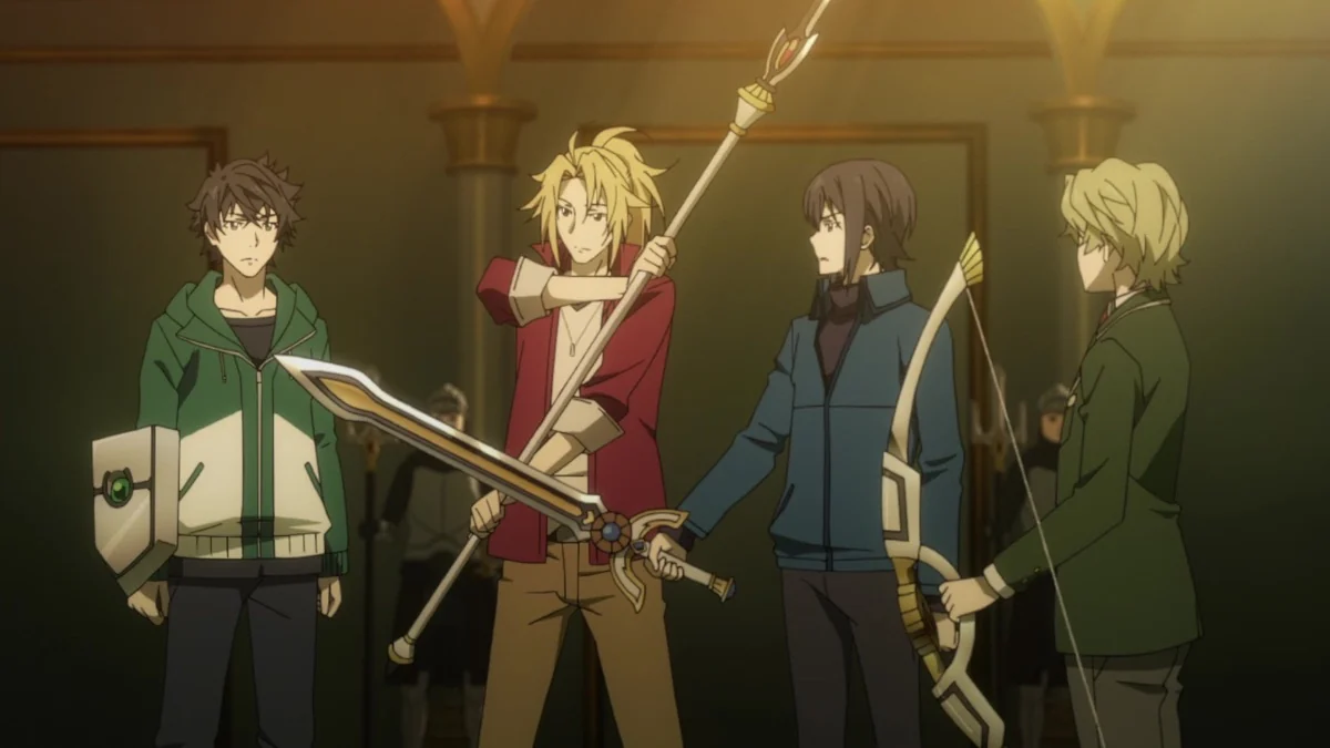 Four summoned heroes stand together holding their different weapons.