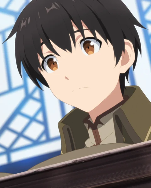 Hajime looks up from a desk surrounded by books.