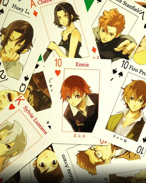 An arrangement of playing cards shows the anime’s ensemble cast.