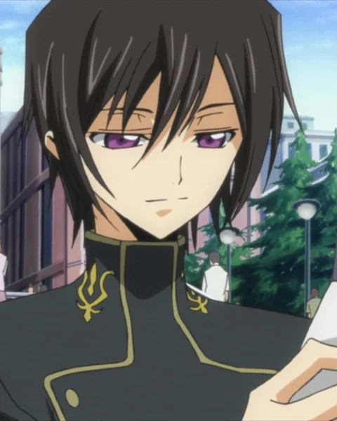 Lelouch holds a sheet of paper while standing outside the academy.