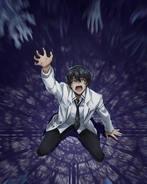 Touka reaches upward while falling through a dark space.