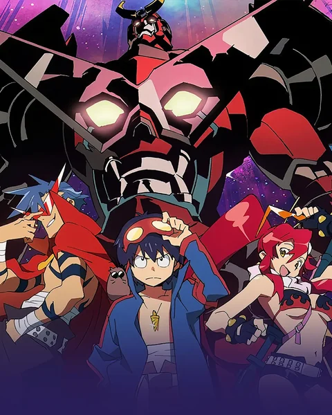 Simon and other characters appear beneath a giant robot.