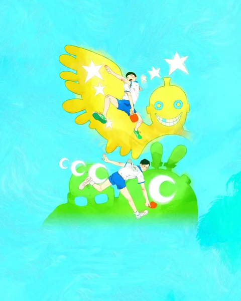 Two table-tennis players appear with bright yellow and green winged figures.