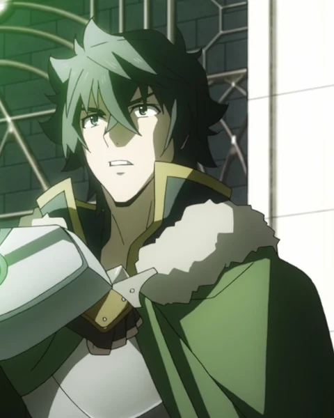 Naofumi stands in a green cloak with his shield raised.