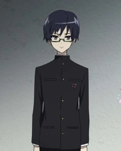 A dark-haired pupil wearing glasses and a black school uniform stands in a tiled room.